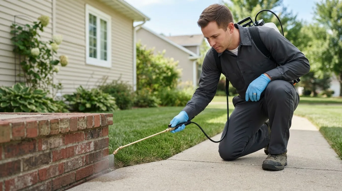Pest control technician treating a home near Talmo, GA